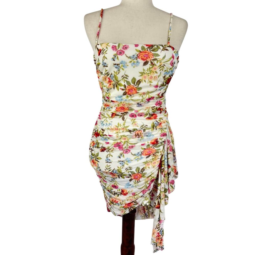 CITY STUDIO FLORAL RUCHED MESH BODYCON DRESS IN CREAM NWT JUNIORS SIZE 5/6 - Picture 2 of 15